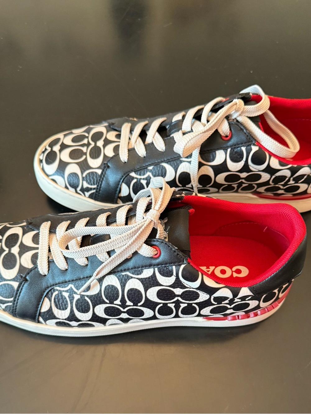 Coach Black & White Signature Low Top Sneakers with Red Lining - Picture 3 of 6